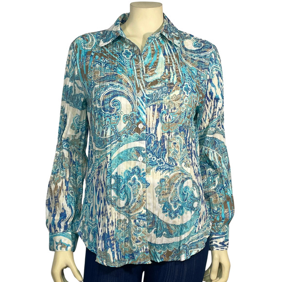 Chico's Sz 1 M Button Down Blouse Roll Tab Sleeves Crinkle Rayon Blue Paisley - Picture 1 of 10